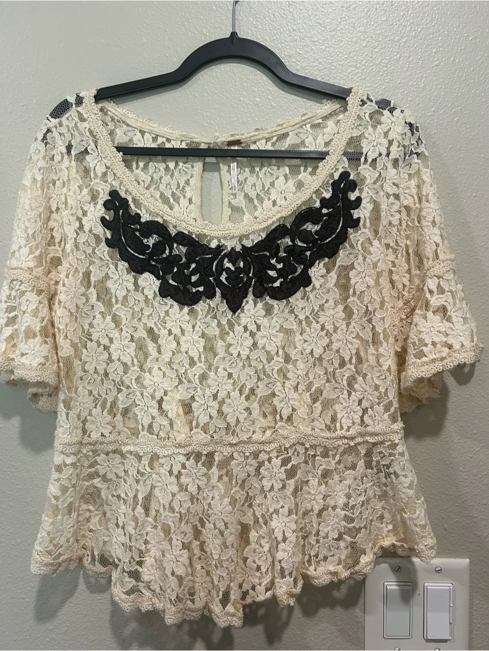 Free People Cream Lace Peplum Top with Navy/Black Appliqué